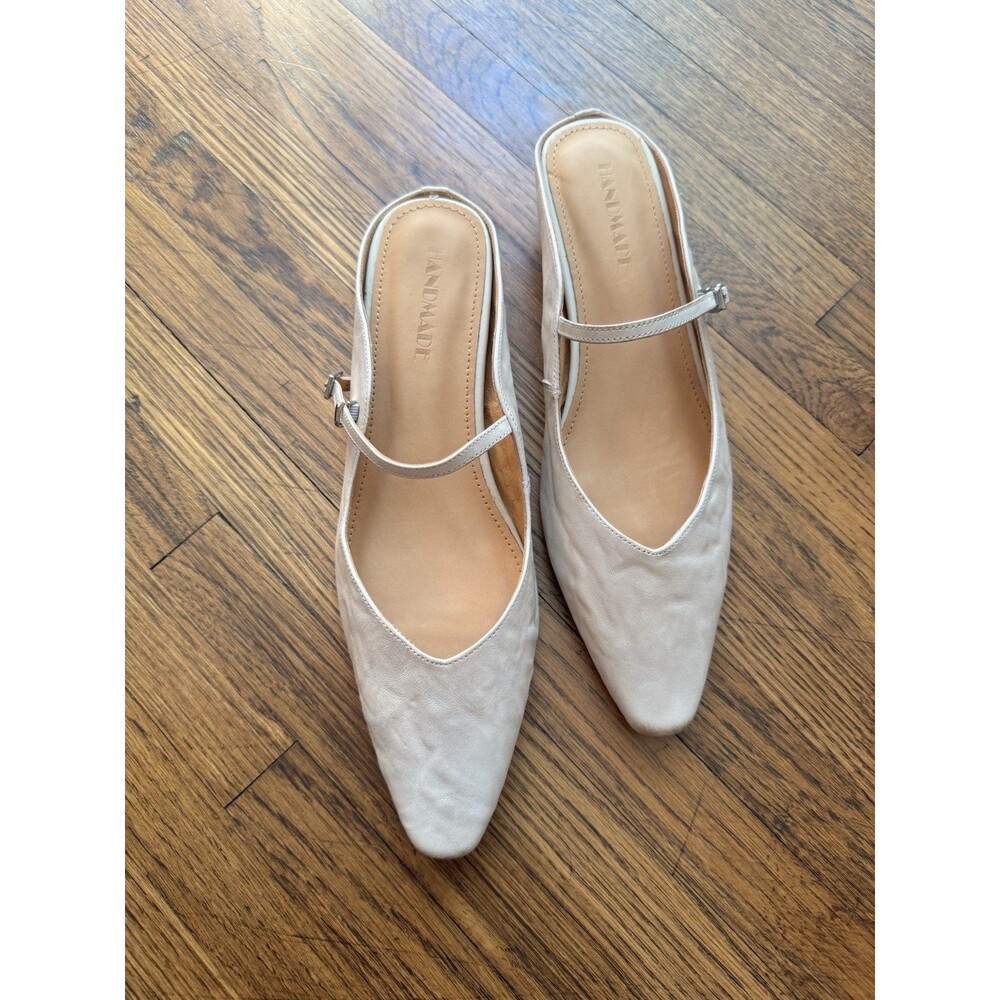 Handmade Leather Mary Jane Slingback Flats Pointed Toe Neutral Shoe Size 8
